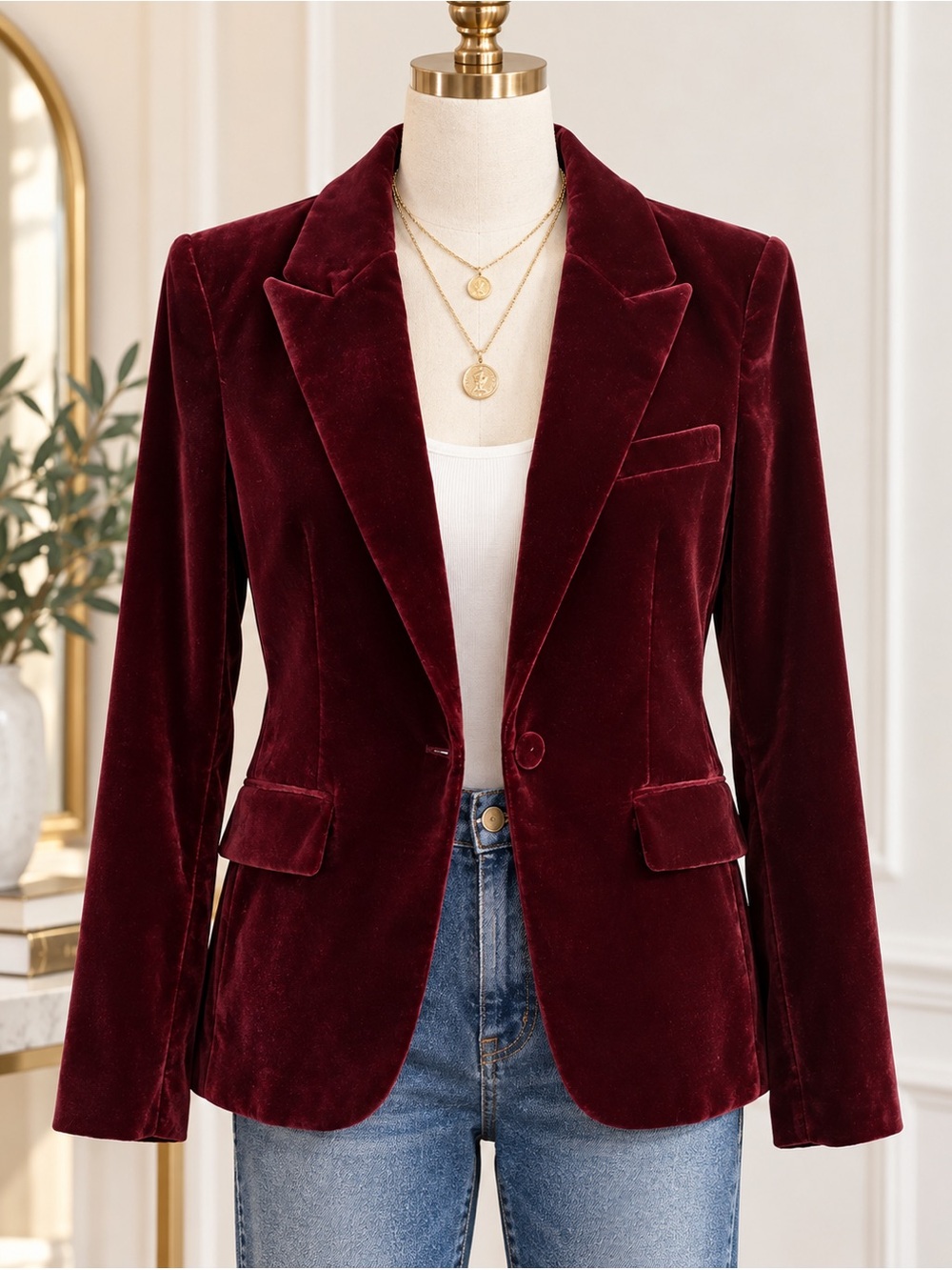 MANGO Burgundy Velvet Blazer – Size Small – Rich Wine Red